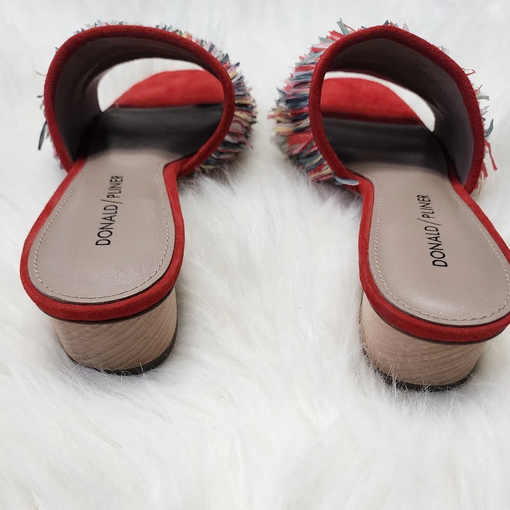 Donald Pliner Reise Red Suede Multi-Color Raffia Fringe Slide Sandals Sz 7M